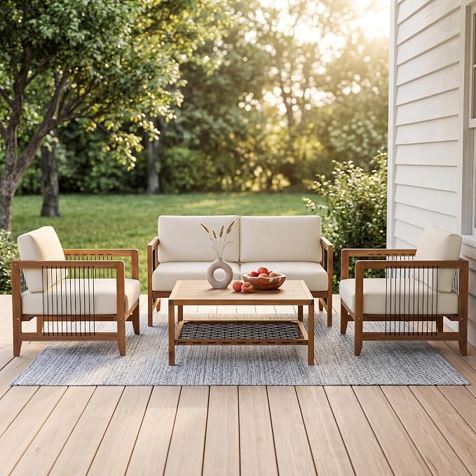 Christopher Knight Home 4 Piece Acacia Wood Outdoor Patio Sofa Set with Black Rope Accents Water Resistant Cushions Teak Finish Conversation Set for Backyard Garden Poolside