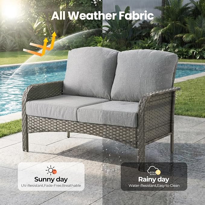 7 Piece Wicker Patio Furniture Set with Swivel Chairs, Dark Gray | High Back Swivel Rocker Chairs, Outdoor Loveseat Sofa, Coffee Table, Rattan Conversation Set, Porch Deck Backyard Poolside