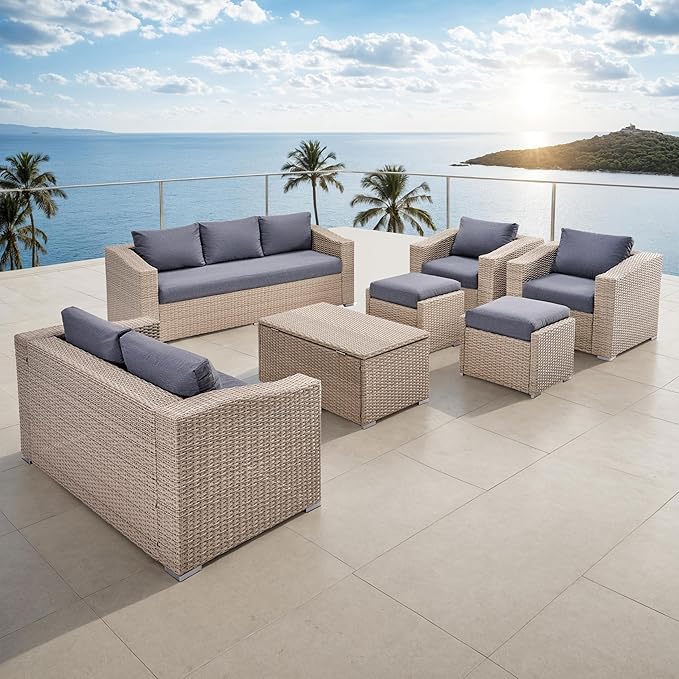 AMERLIFE 10-Piece Outdoor Patio Furniture Set, Wicker Outdoor Couch Conversation Set with Storage Coffee Table, 2 Ottomans, Patio Sectional Sofa for Backyard or Deck, Grey