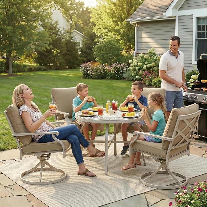5-Piece Patio Dining Set, 4 Swivel Chairs with Removable Thickened Cushions & a 3D Textured Table with Umbrella Hole, All-Weather Furniture for Backyard, Garden, Lawn, Beige