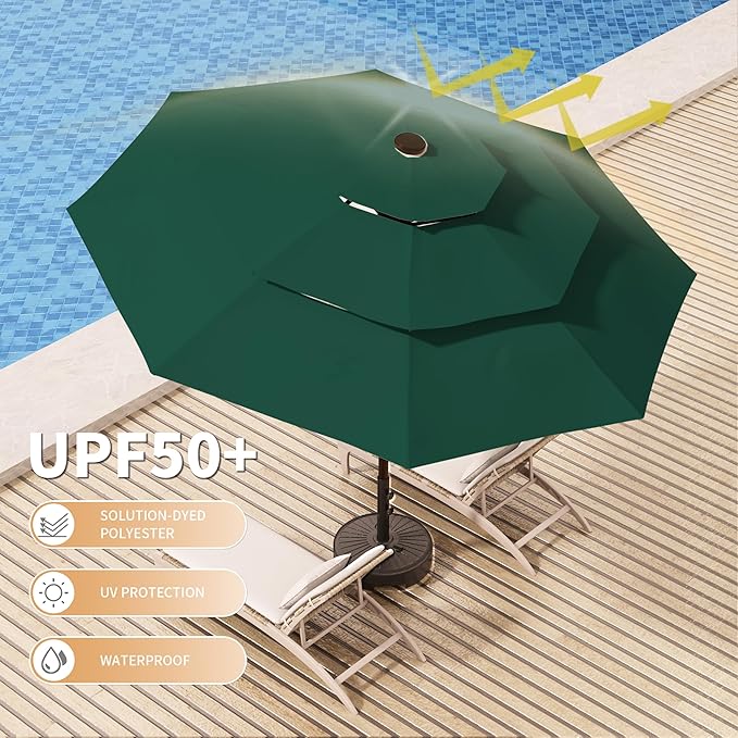 Ayge 9FT 3-Tier Large Outdoor Patio Umbrella Market Table Umbrella-UV Resistant,Easy Push Button Tilt and Crank,8 Sturdy Fiberglass Ribs Heavy-Duty Pool Umbrella for Deck,Backyard,Garden,Yard,Green