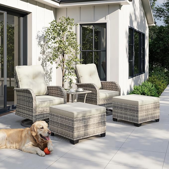 5-Piece Small Patio Furniture Set, Outdoor Swivel Rocking Chairs Set with Ottomans, Patio Bistro Set for Balcony, Deck, Porch,Ivory