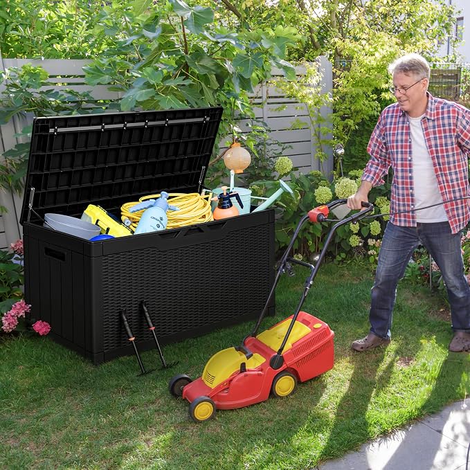 Greesum 100 Gallon Deck Box with Cushion and 31 Gallon Deck Box for Patio Furniture, Garden Tools, Pool Supplies Storage