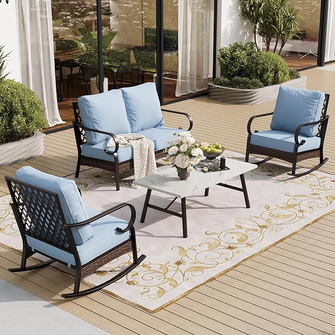 4 Piece Metal Outdoor Patio Furniture Sets, Patio Conversation Sets 1 Loveseat, 2 Rocking Sofa with 5.75" Extra Thick Cushion and Coffee Table, Balck Frame Backyard Furniture, Blue