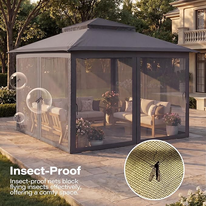 LAUSAINT HOME 12x12 Pop Up Gazebo Canopy Tent with Mosquito Netting, Instant One-Push Setup, Adjustable Height Outdoor Canopy Shelter with Carry Bag for Patio, Backyard, Camping, Parties & BBQs, Gray