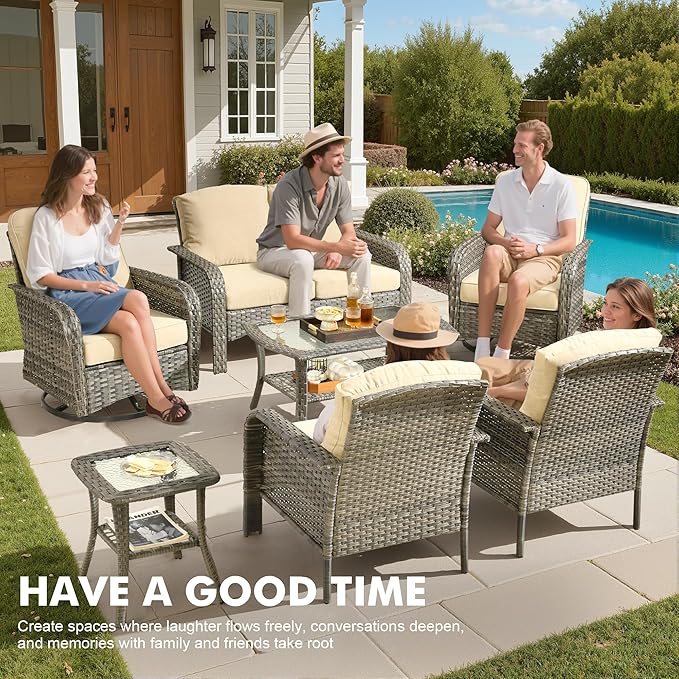 Weaxty 7 Pieces Patio Furniture Set,Wicker Outdoor Swivel Rocking Chairs,Rattan Loveseat Couch,Coffee Table,Patio Sofa Conversation Sets for Deck Backyard Porch Poolside,Beige