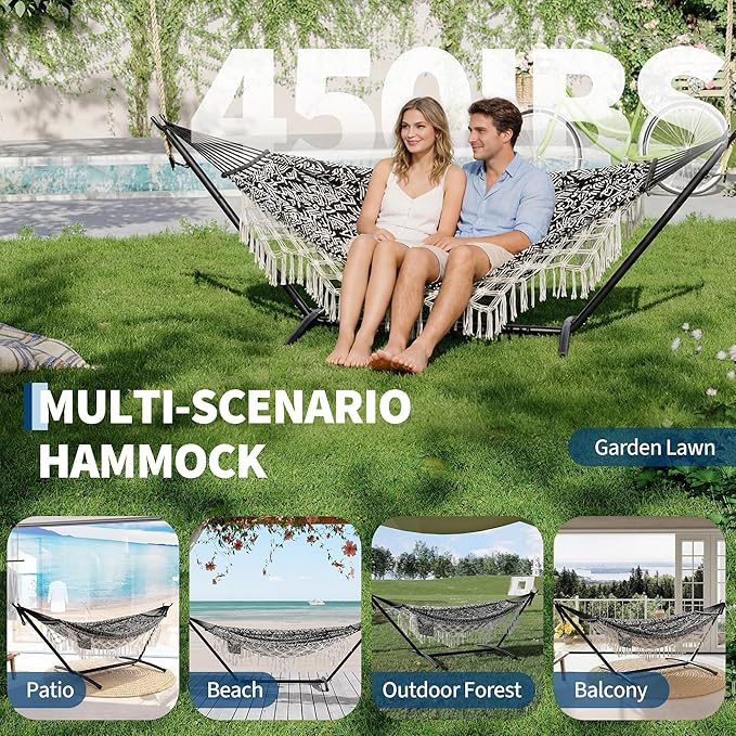 Double Hammock with Stand, 450LBS Capacity, 2 Person Large Hammock, Indoor and Outdoor Hammock, Boho Style, Perfect for Backyard Patio Beach, 9-Foot