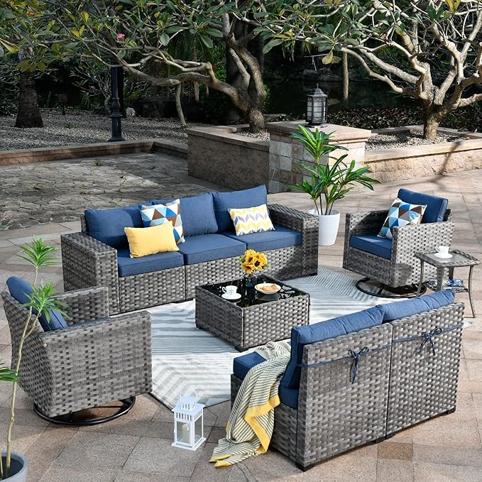 HOOOWOOO Outdoor Patio Sectional Furniture Sofa Set with Swivel Rocking Chairs,9 Piece Modern Wicker Couch with Widened Armrest,Modular Conversation Seating Set for Garden(Denim Blue)