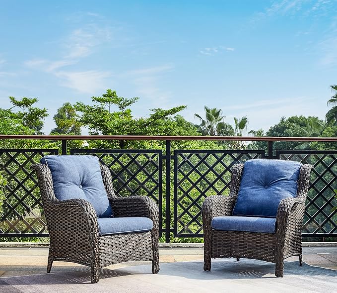 Rilyson Outdoor Furniture Set, 5-Piece Patio Rattan Wicker Sectional Sofa Set with 3-Seat Couch, 2 Armchairs, 2 Ottoman Footrests for Patio Conversation (5 PC,Brown/Blue)