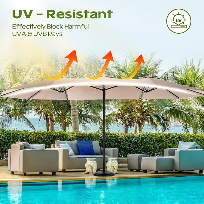 15ft Umbrella Outdoor Patio - Double-Sided Large Market Rectangle Umbrellas with Crank Handle for Patio Garden Yard Pool (No Base)