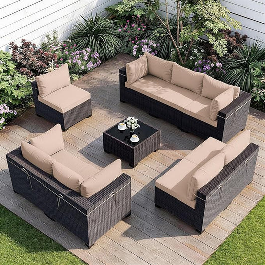 ALAULM Patio Furniture Set with Coffee Table, 9 Pieces Outdoor Sectional with Wide Seat and Thick Cushion, All Weather Wicker Rattan Conversation Set for Backyard, Garden, Deck, Sand