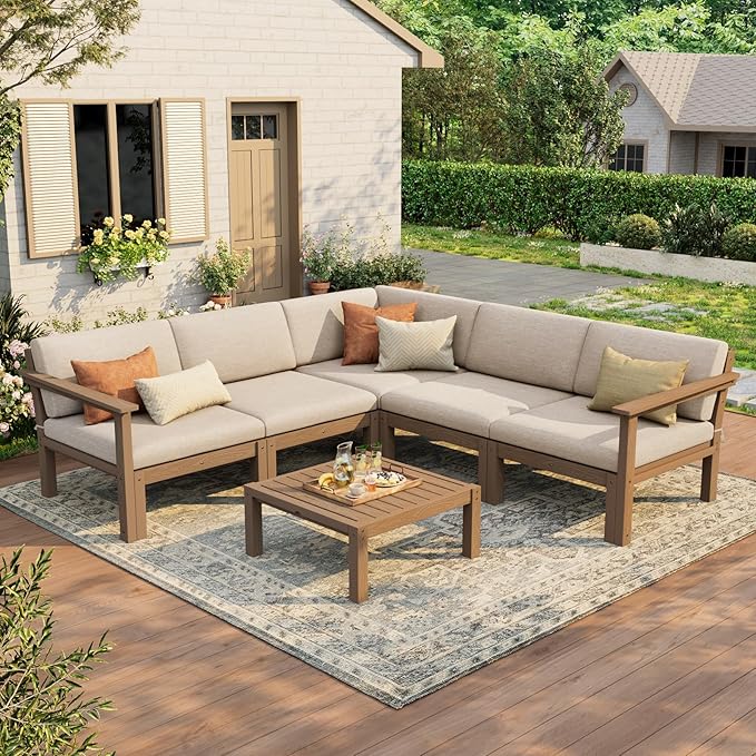 Stoog Modular Patio Conversation Set, 6-Piece All-Weather Convertible Outdoor Sectional - Waterproof HIPS Frame with Quick-Dry Olefin Cushions, Teak