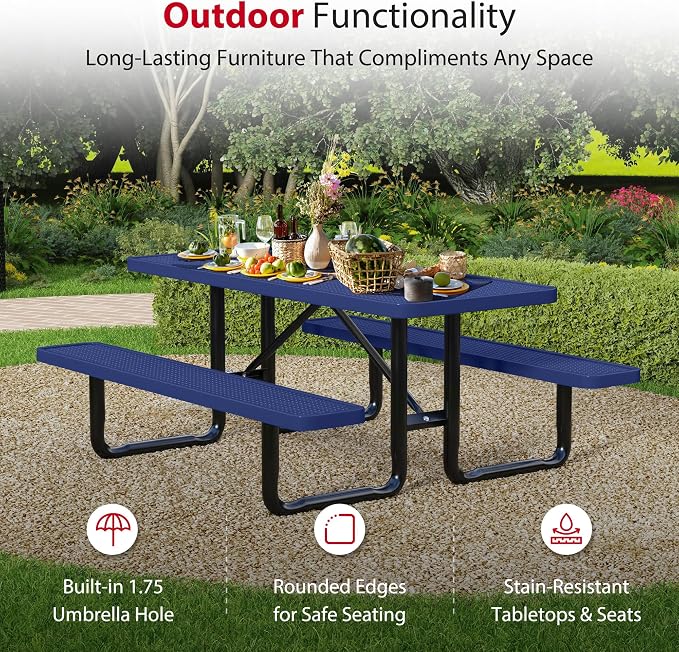 Leisure Craft Metal Picnic Table with Bench - 6 ft Rectangle Outdoor Dining Table for 6, Umbrella Hole, Weatherproof Heavy Duty Thermoplastic Coating, Commercial Grade Furniture Made in USA - Navy