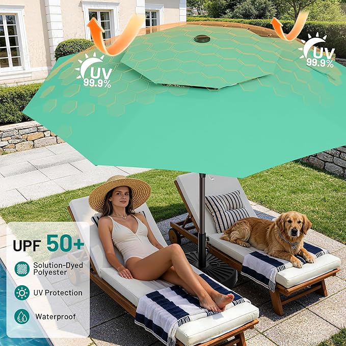 AreShark 12ft 2 Tiers Patio Umbrella - Outdoor Umbrella Waterproof UV Protection, Market Table Umbrella w/ 8 Sturdy Ribs&Crank for Pool, Porch, Garden(Turquoise)