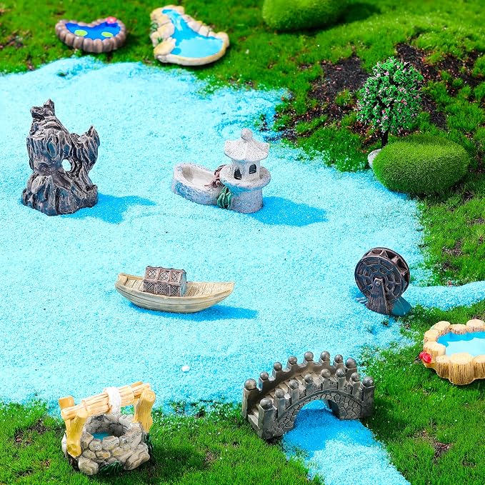 Jetec 12 Pcs Mini Fairy Garden Accessories Miniature Tiny Stone Bridge Mini Pond Mountain Moss Stones Water Well Waterwheel Figurines Resin Ornaments for DIY Craft, Lawn Pond Decor