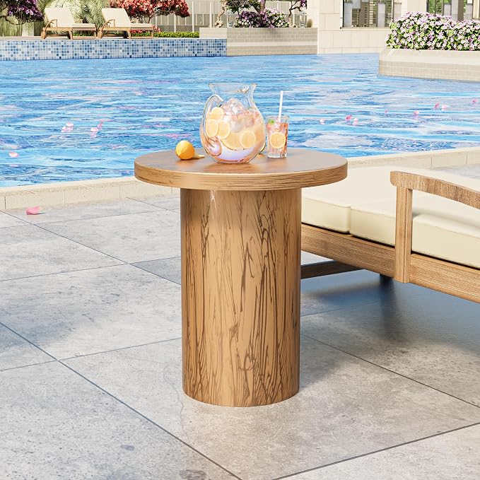 Metal Small Patio Table, Round Outdoor Side Table, Wood Color Outdoor Accent End Table, Patio Furniture, for Garden, Pool, Yard, Balcony, Living Room, Deck, Weather Resistant, No Assembly