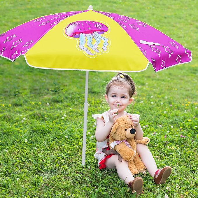 AMMSUN 5ft Seaside Umbrella for Sand Box Water Table Picnic Table - Kids Durable Umbrellas for children Beach Camping Garden Outdoor Play Shade Pink Yellow Jellyfish