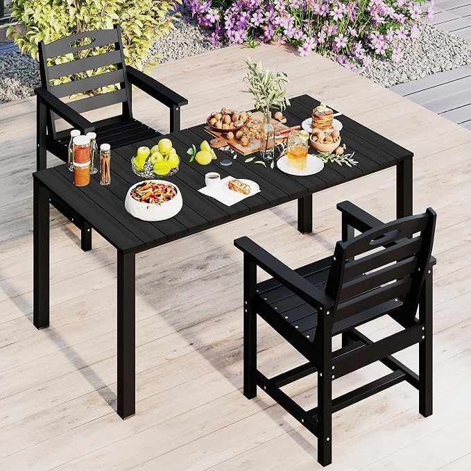 Domi HDPE Outdoor Dining Set, All-Weather 3 Piece Outdoor Dining Table Set with 2" Umbrella Hole, Outdoor Patio Dining Set for Garden, Poolside, Backyard, Deck, Black