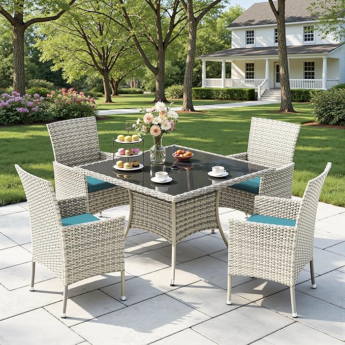 Outdoor Dining Set, 5-Piece Patio Furniture Set with Tempered Glass Table and 4 Cushioned Chairs, Dual-Strand Wicker Rattan, Balcony Furniture for Backyard, Garden, Deck,– Turquoise
