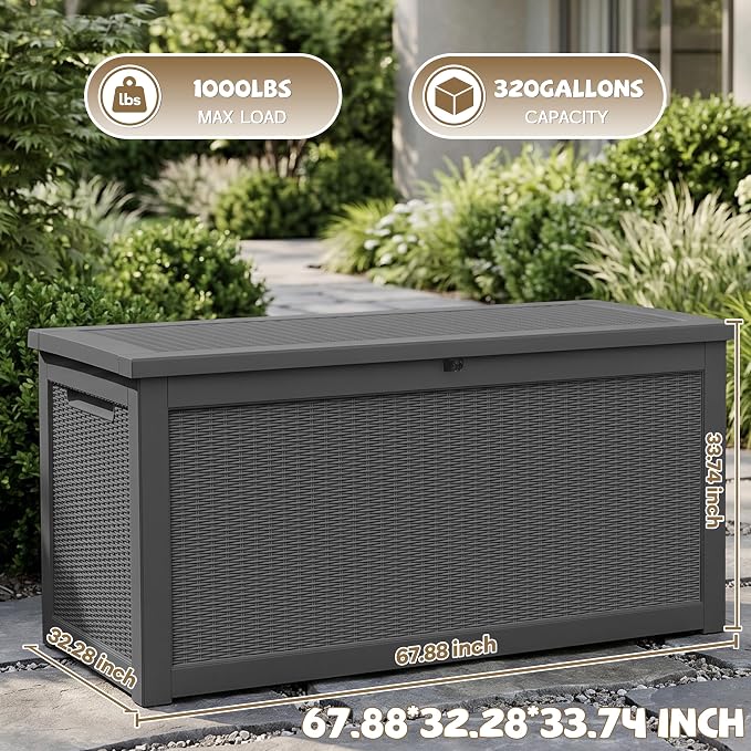EasyUp 320 Gallon Deck Box, Large Deck Box for Indoor and Outdoor,Waterproof Storage Boxs for Patio Furniture,Garden Tools,Cushions, Lockable and UV Resistant,Easy to Install(Black)