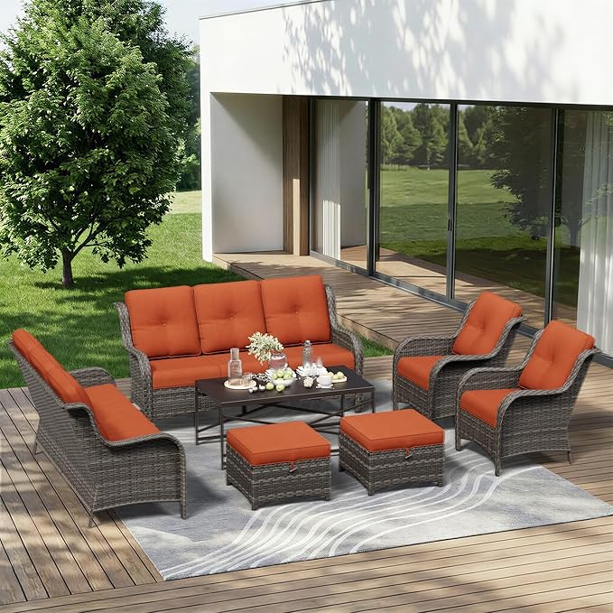 7 Piece Outdoor Wicker Patio Furniture Set, Patio Chairs Set with Thickened Olefin Cushions, High Back and Deep Seating, Hand-Woven PE Rattan, Ottoman for Porch, Deck