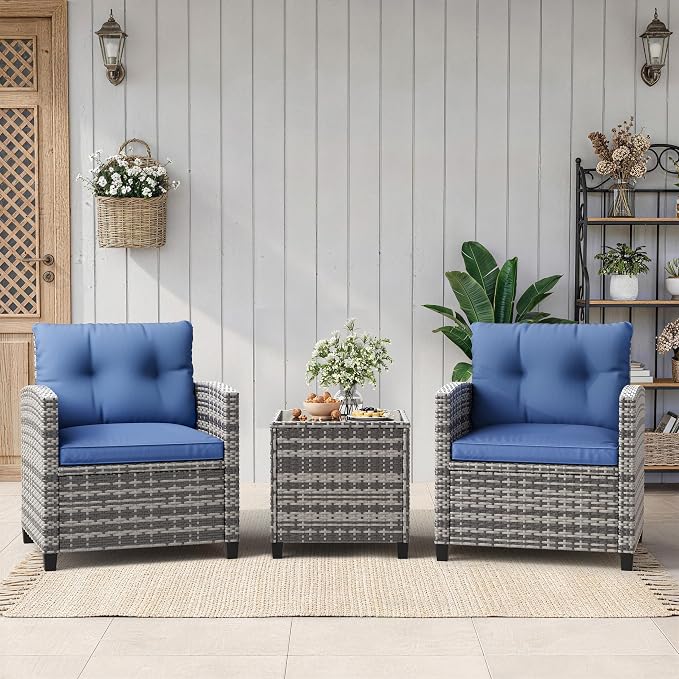 Garvee Outdoor Wicker Chairs,3 Pieces Patio Furniture Set,All Weather High Back Rattan Chairs w/Washable Cushion and Tempered Glass Tabletop for Deck Porch Balcony Backyard Garden,Gray & Blue