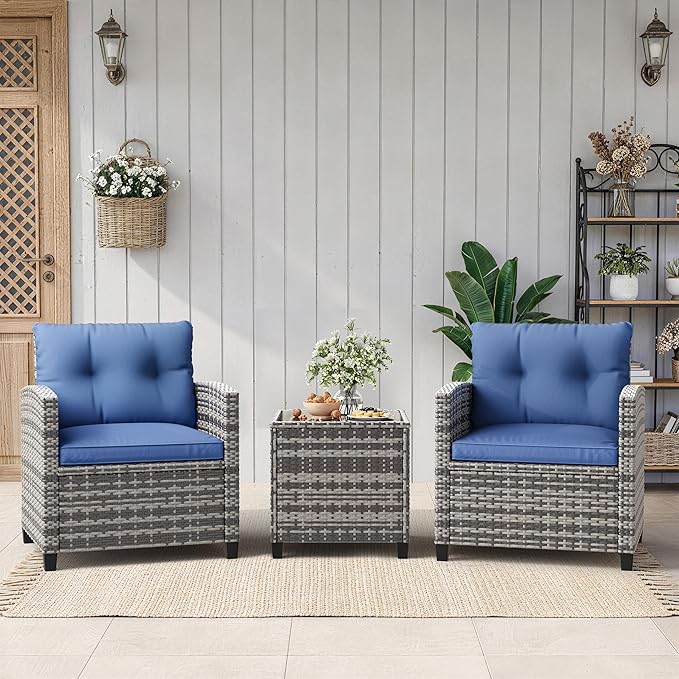 GarveeLife 3 Piece Wicker Patio Furniture Set, Outdoor Rattan Chairs with Side Table, All-Weather Conversation Set for Balcony, Porch or Backyard, Brown Gradient Wicker with Cushions