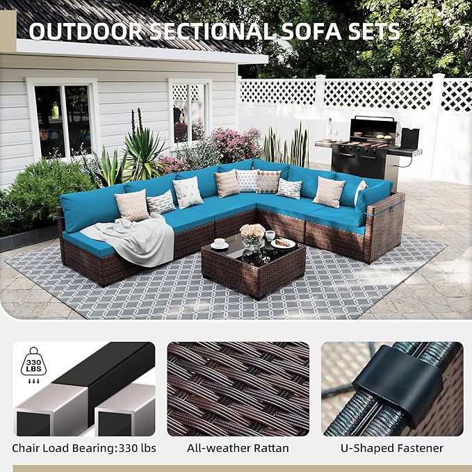 UPHA 9 Pieces Patio Furniture Sets, Wicker Outdoor Sectional Sofa Couch with Round Propane Pit for Deck Backyard Garden, Brown Rattan, Deep Lake Blue Cushion