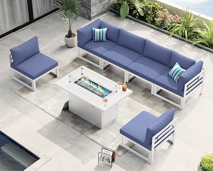 NICESOUL 7 Piece Modern Aluminum Patio Furniture Set with Fire Pit Table, 500 lbs Heavy Duty Outdoor Sectional Sofa, 29" Deep Wide Oversized Seating Conversation Couch for Garden Exterior, Denim Blue