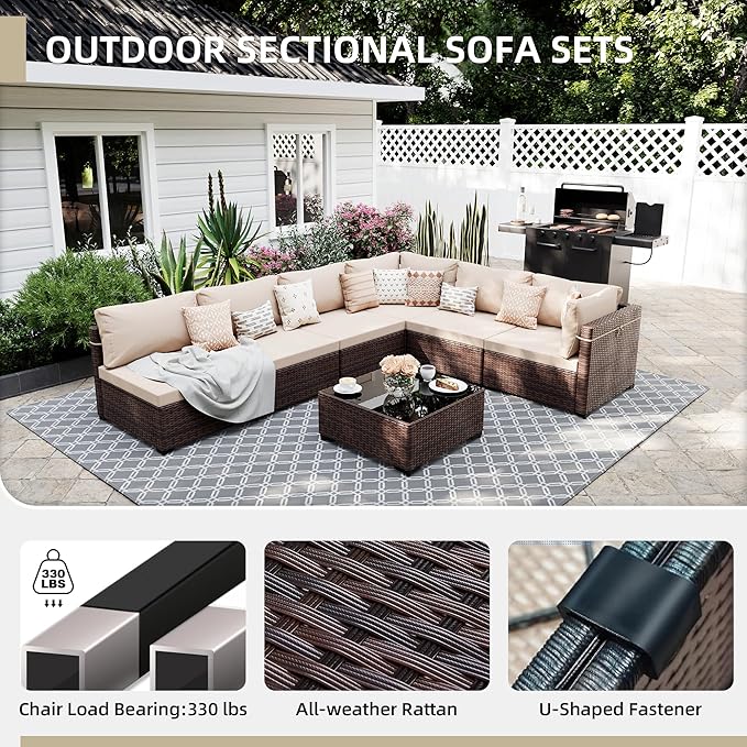 UPHA 9 Pieces Patio Furniture Sets, Wicker Outdoor Sectional Sofa Couch with Round Propane Pit for Deck Backyard Garden, Brown Rattan, Beige Cushion