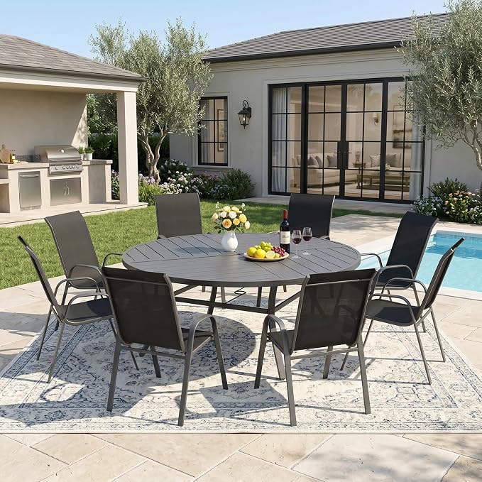 DIFY 9 Piece Outdoor Dining Set, 53" Black Round Metal Dining Table and Dark Grey Textilene Stackable Patio Chairs, Patio Table and Chairs Set for 8 with Umbrella Hole for Backyard Garden Deck