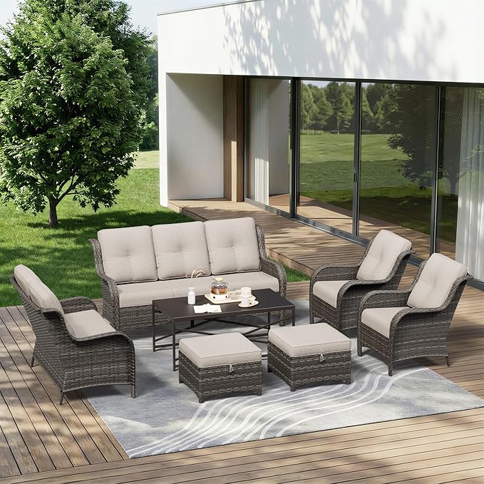 7 Piece Outdoor Wicker Patio Furniture Set, Patio Chairs Set with Thickened Olefin Cushions, High Back and Deep Seating, Hand-Woven PE Rattan, Ottoman for Porch, Deck