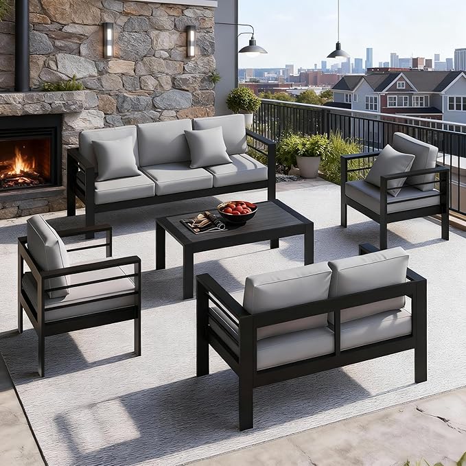 Patio Conversation Sets, Aluminum Outdoor Couch with Outdoor Coffee Table, All-Weather Metal Patio Couch with 5" Thick and Soft Cushion and Wide Arm, Outdoor Sofa Sets for Balcony, Porch, Light Gray