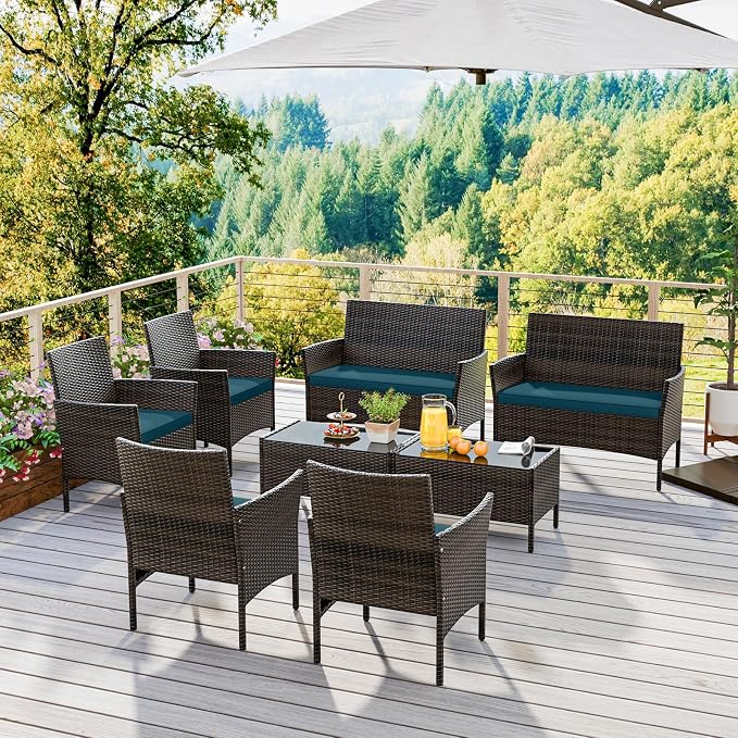 ORALNER 4 Pieces Patio Furniture Set, Rattan Chairs Loveseat with Soft Cushion and Glass Table, Outdoor Wicker Conversation Set for Balcony Garden Backyard Porch Poolside (Peacock Blue)