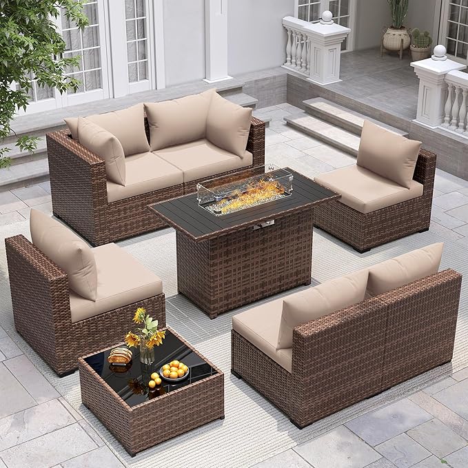 UDPATIO Furniture Set with Fire Pit Table, 8 Piece Sectional Sofas, All-Weather Wicker Conversation for Garden, Backyard, Khaki