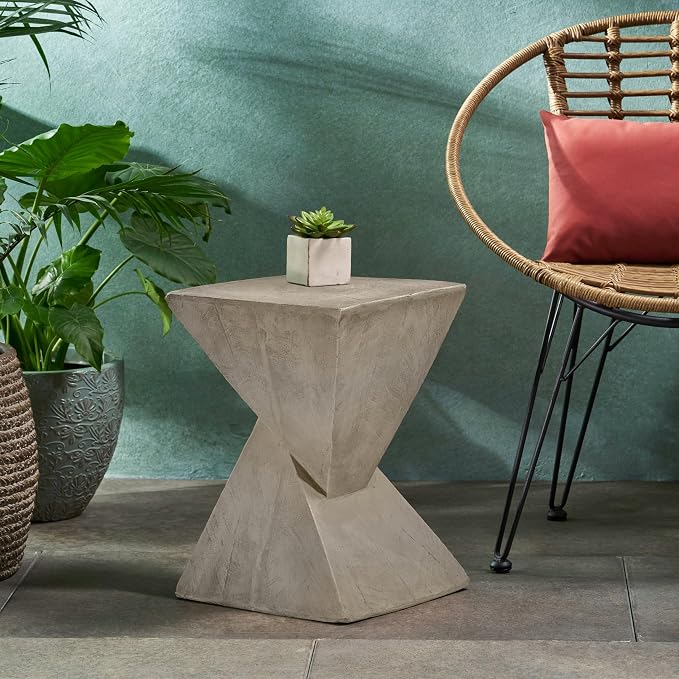 Lightweight Concrete Outdoor Side Table,Hourglass Shape End Table,Wood-Like Texture Modern Small Geometric Accent Tables for Patio Garden Balcony Porch, 12.25" H Light Gray