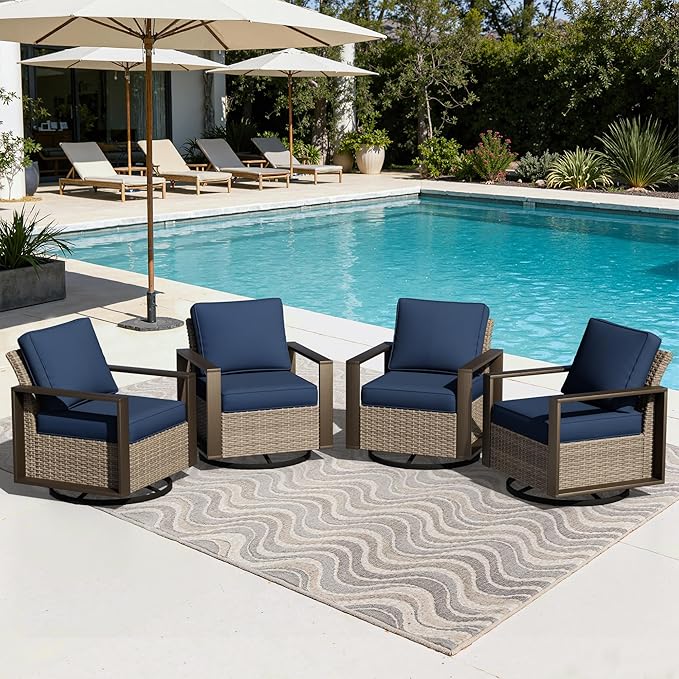 Joyside Outdoor Patio Swivel Rocker Chairs Set, 4 Pieces Wicker Rattan Chairs with Metal Wide Armrest, Thick Cushions and Deep Seating for Garden, Backyard, Porch, Deck