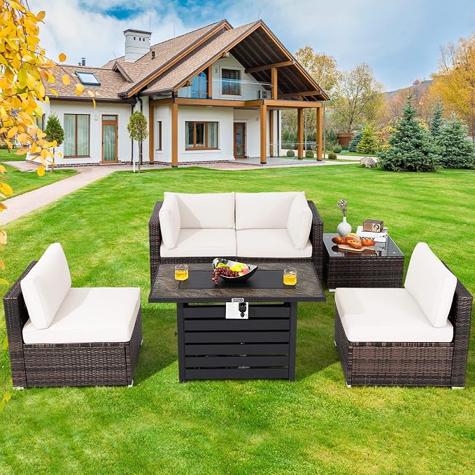 Tangkula 6-Piece Patio Furniture Set with 42 Inches Propane Fire Pit Table, Outdoor Wicker Conversation Set with Cushions and Tempered Glass Coffee Table, 50,000 BTU Gas Fire Pit Table (Off White)