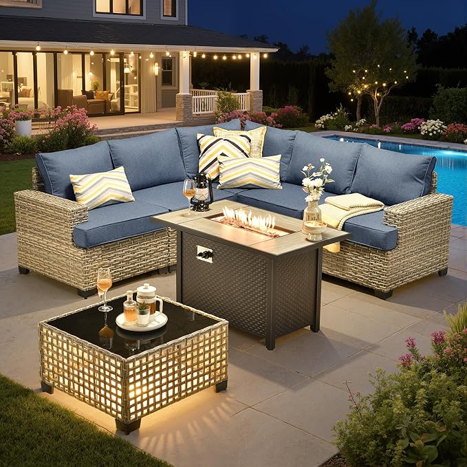 Outdoor Sectional Patio Furniture Set with Fire Pit,7 Pieces Rattan Conversation Sets,Out Door L Shaped Furniture with Glowing Coffee Table,Denim Blue