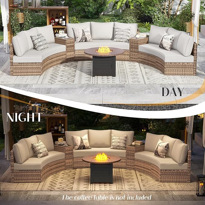PaPaJet 11-Piece Patio Furniture Set, Half-Moon Outdoor Wicker Sectional Sofa with Large Storage Wedge Table, All-Weather Wicker Conversation Set for Backyard, Garden, or Deck, Beige