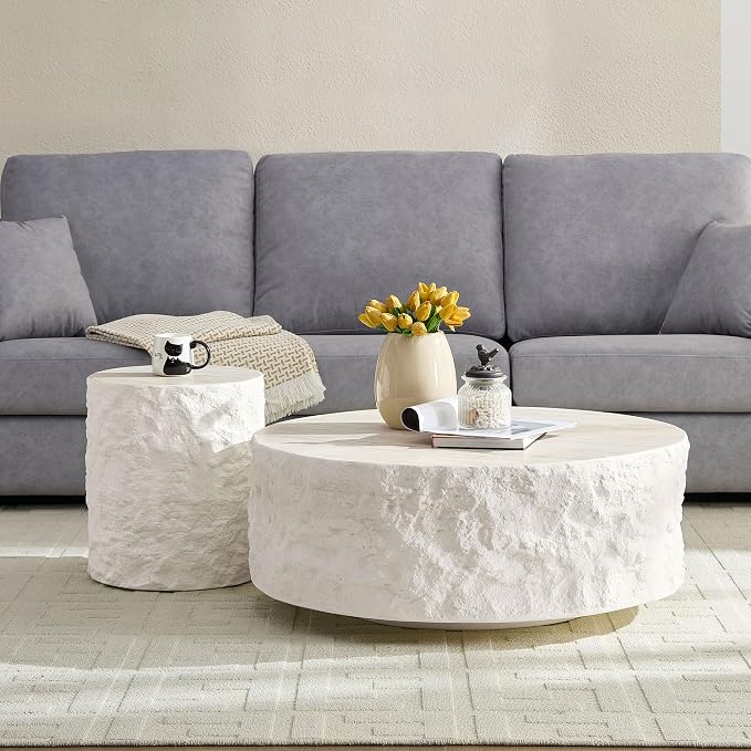 Round Side Table Faux Stone End Table for Living Room Modern Small Coffee Table for Small Space Apartment, No Assembly (Fiberglass-Travertine, 15.75'' x 17.72'')