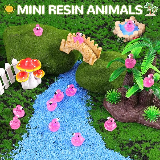 TINKRSTUFF 200PCS Mini Resin Animals Cute Rose Pink Tiny Flamingo Ducks Glow in Dark, Miniature Figures to Hide, Small Animal Accessories Bulk for Topper Garden Dollhouse Ornaments DIY Crafts & Decor