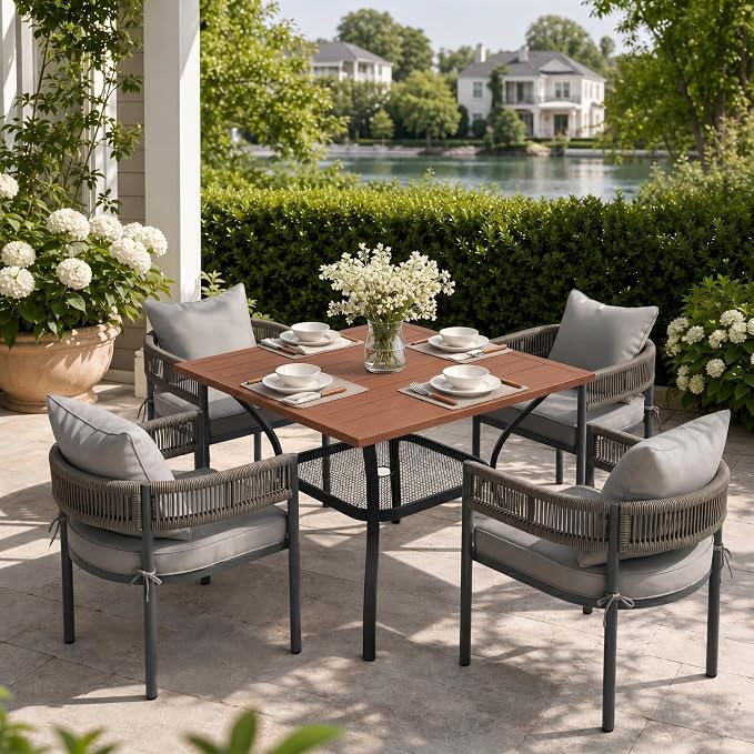 VICLLAX Patio Dining Set, 37.8" Walnut Table & 4 Chairs with Grey Cushion | Outdoor Table and Chairs Set of Square Metal Patio Table, Outdoor Dining Chairs with Metal Frame, Garden Deck Porch