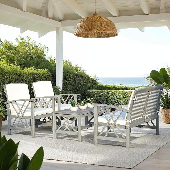 SAFAVIEH Outdoor Collection Fontana Grey Wash/ Beige 4-Piece Conversation Patio Set with Cushions