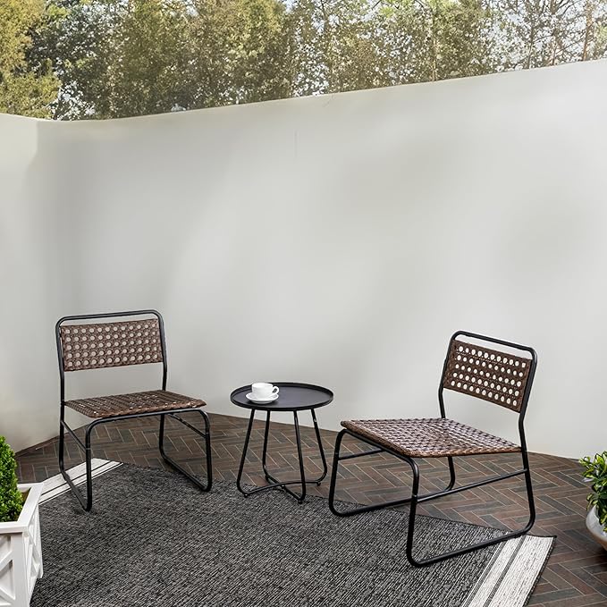 JONATHAN Y LVG1100B-3SET Freja 3-Piece Mid-Century Modern Faux Rattan Conversation Outdoor Patio Set Scandinavian, Classic, Transitional, Bohemian, Traditional, Black/Brown