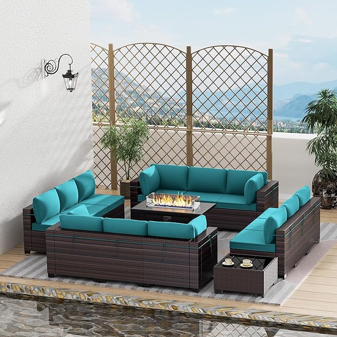 Outdoor Terrace Furniture Set, 15 Piece Outdoor Furniture Set, with 43 inch Aluminum 55004 BTU Propane fire Pit, PE Willow Vine Terrace Dialogue Set - Teal.