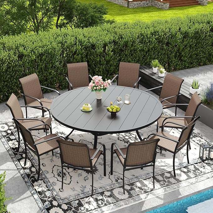 DIFY Patio Dining Set for 10, 11 Piece Outdoor Table and Chairs Set, 63" Black Round Metal Patio Dining Table and Brown Textilene Stackable Patio Chairs, for Backyard Garden Poolside
