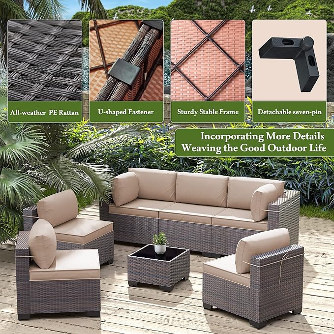 9 Pieces Outdoor Patio Furniture Set,Outdoor Sectional Furniture All Weather PE Rattan Wicker Patio Conversation Set with Coffee Table and 8 Thickened Cushions,Sand