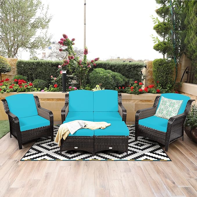 Tangkula 5 Pieces Patio Furniture Set, Outdoor Rattan Conversation Sofa Set with Loveseat, Single Sofas and Ottoman, Sectional Sofa Set with Removable Cushions for Porch, Backyard, Balcony, Lawn