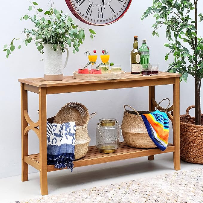 Cambridge Casual Chester Teak Wood Outdoor Console Table, Natural Teak, Narrow Garden Table with Bottom Shelf for Patio, Deck, Entry Way or Poolside – Weather-Resistant